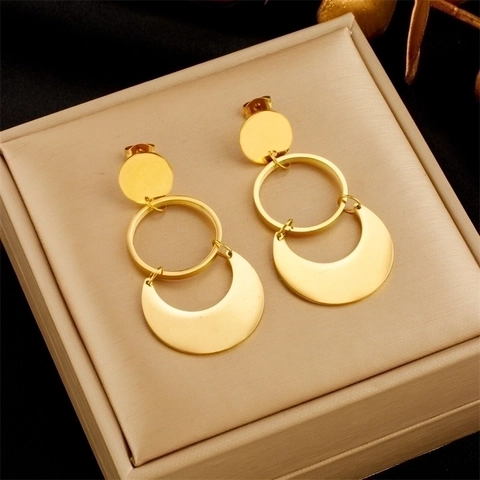 Geometric Circle Crescent Moon Drop Earrings For Women Gold Plated Stainless Steel Tiered Dangle Earrings Fashion Jewelry