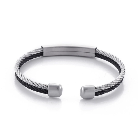 Pulsera De Puño Para Hombre De Acero Inoxidable Cable Tejido Alambre Trenzado Abierto Con Placa De Identidad Lisa Estilo Industrial