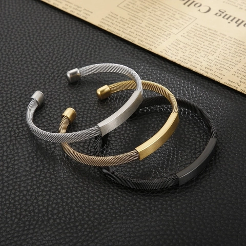 Men Stainless Steel Mesh Cuff Bracelet C-Shaped Open Bangle With Smooth Rectangular Plate Punk Industrial Jewelry