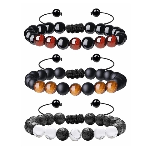 Natural Tiger Eye Lava Stone Bracelet Handmade Woven Adjustable Braided Rope Yoga Healing Energy Beads Men Women