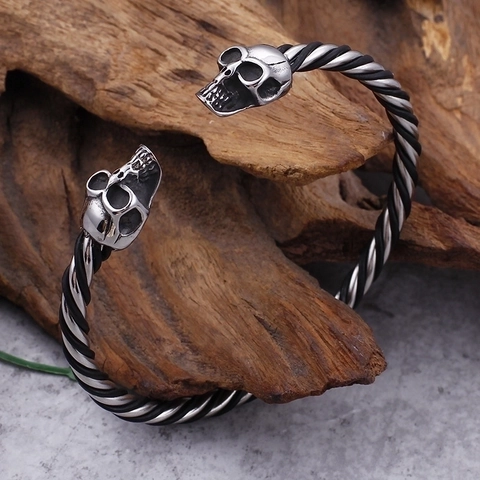 Stainless Steel Cuff Bracelet Viking Wolf Lion Skull Head Twisted Cable Punk Gothic Retro Jewelry For Men Adjustable