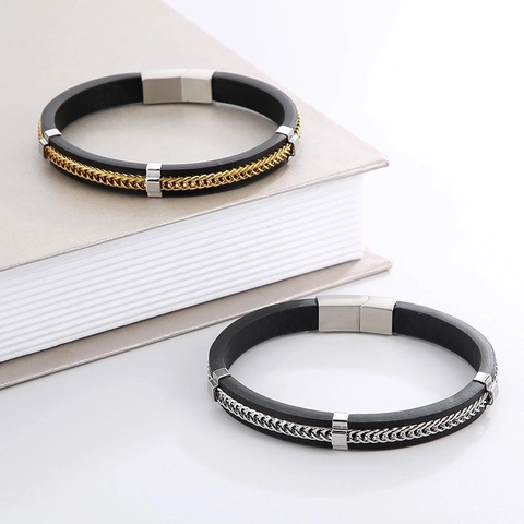 Pulsera De Hombre Acero Inoxidable Cuero Microfibra Cadena Tejida Punk Retro Minimalista Cierre Magnético Joyería