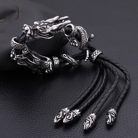 Herren Vintage Doppeldrachenkopf Armband Geflochtenes Rindsleder Edelstahl Punk Gothic Verstellbares Handseil
