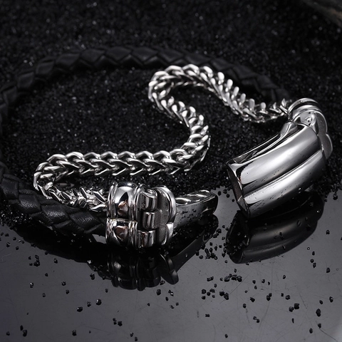 Men Double Layer Bracelet Stainless Steel Wheat Chain Woven Leather Rope Punk Trendy Fashion Jewelry