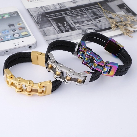 Pulsera Cuero Trenzado Hombre Eslabón Cadena Bicicleta Acero Inoxidable Estilo Punk Rock Motociclista Cierre Magnético