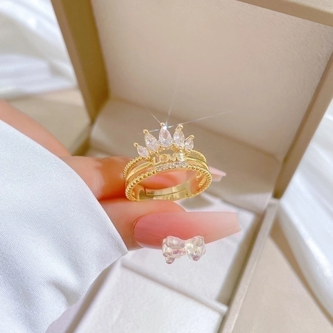 Vergoldeter Messing Kronenring Mit Zirkonia Und Love Schriftzug Verstellbar Mode Schmuck Für Damen