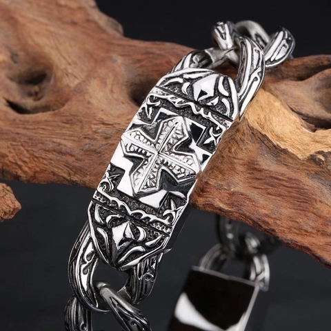 Bracciale Croce Acciaio Inossidabile Retrò Gotico Punk Catena Pesante Gioielli Rilievo Per Uomini