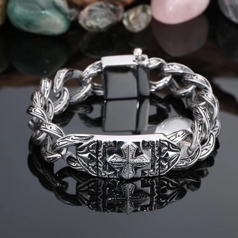 Pulsera De Cadena Para Hombre Acero Inoxidable 316L Cruz Tallada Gótico Punk Vintage Joyería Motociclista