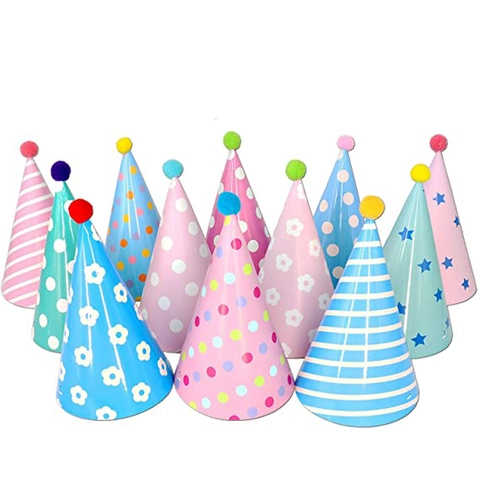 Cappelli Festa Compleanno Colorati Carta Conici Con Pompon Decorativi Per Celebrazione Bambini Motivi Pois Strisce