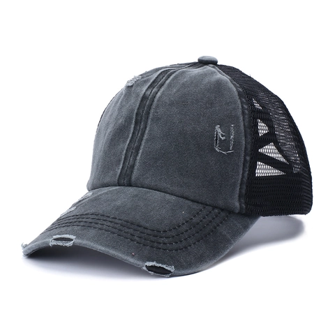 Dames Paardenstaart Honkbalpet Gewassen Katoen Distressed Mesh Trucker Hat Kruis Elastische Hoge Knot Zonneklep