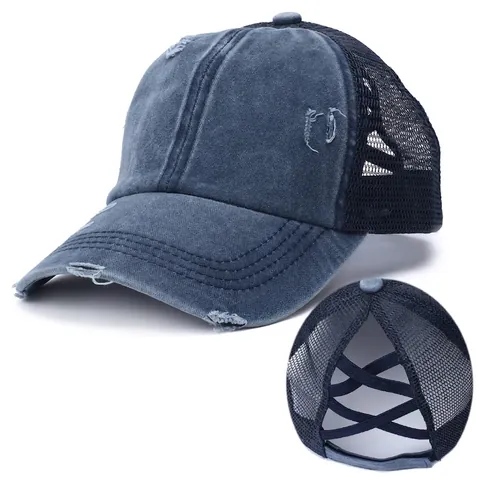 Dames Paardenstaart Honkbalpet Gewassen Katoen Distressed Mesh Trucker Hat Kruis Elastische Hoge Knot Zonneklep