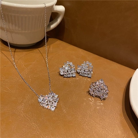 Herz Anhänger Halskette Zirkon Kupfer Schlüsselbein Kette Eleganter Schmuck Für Damen Mit 925 Silber Ohrring Stecker