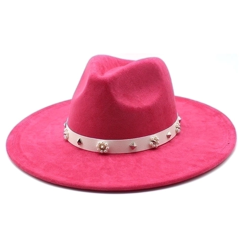 Breedgepalkte Fedora Hoed Voor Dames Polyester Vilt Jazz Cap Met Kunstparelbloemband En Metalen Klinknagels Retro Elegante Stijl
