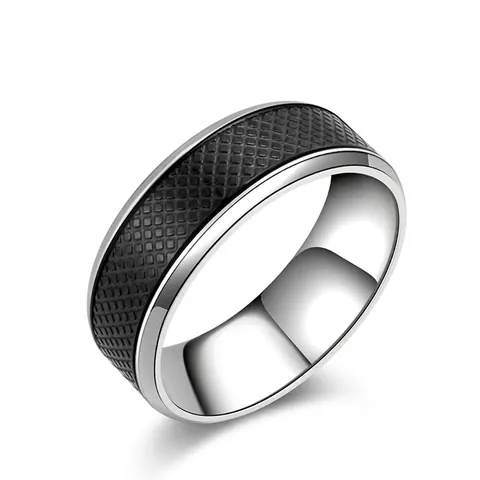 Mens Stainless Steel Ring Black Mesh Knurled Texture Two Tone Polished Edge Industrial Style Jewelry Band