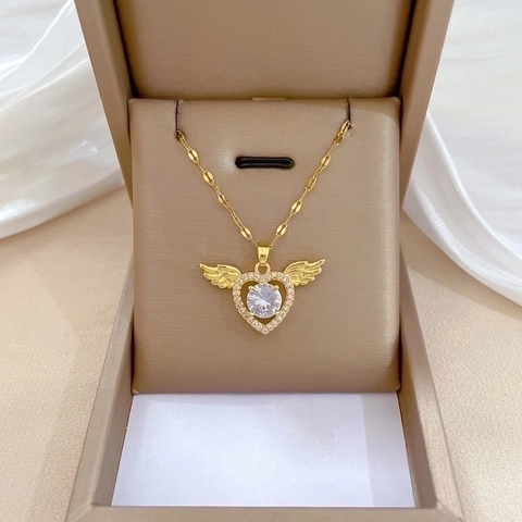 Angel Wings Heart Pendant Necklace Titanium Steel Chain Copper Zircon Luxury Temperament Jewelry For Women Gold Plated