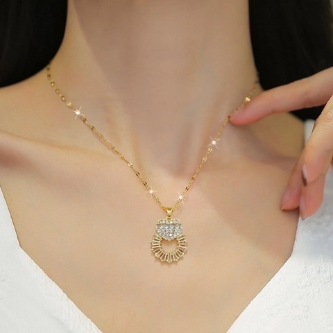 Herz Ring Anhänger Halskette Edelstahl Kette Kupfer Zirkonia Eingelegt Luxus Schicke Schlüsselbeinkette Für Damen