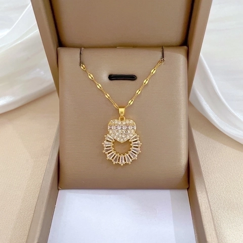 Herz Ring Anhänger Halskette Edelstahl Kette Kupfer Zirkonia Eingelegt Luxus Schicke Schlüsselbeinkette Für Damen