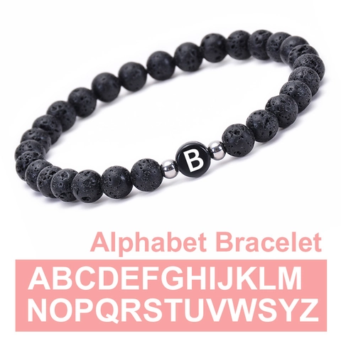 Pulsera de Cuentas de Piedra de Lava Natural Con Cuentas de Letras Iniciales En Inglés Para Hombres Mujeres Hecho a Mano Elástico Joyería Regalo
