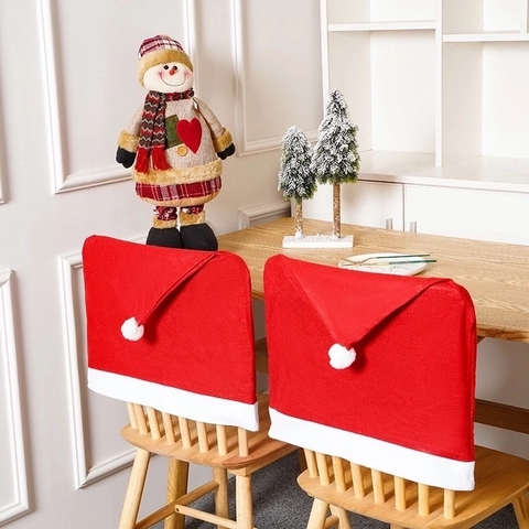 Christmas Chair Back Covers Non-Woven Fabric Santa Hat Shape Red White Pom Poms Dining Room Holiday Party Home Decoration
