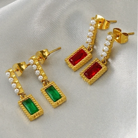 Orecchini Pendenti In Acciaio Inossidabile Placcato Oro 18K Con Zircone Rettangolare E Perla Artificial Di Imitazione Per Donna