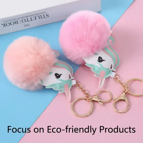 Cute Unicorn Faux Rabbit Fur Ball Keychain PU Leather Bag Charm For Women Girls Gift Gold Key Ring Pendant