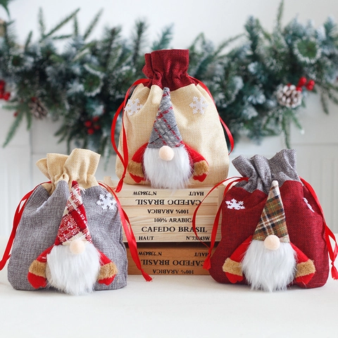 Christmas Gift Bags Linen Gnome Drawstring Candy Pouches Festive Holiday Decor For Presents And Treats