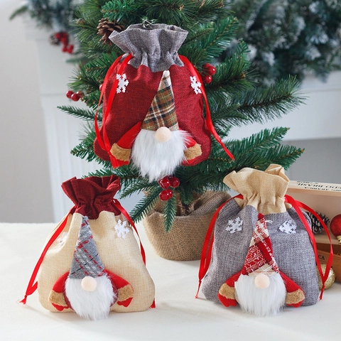 Christmas Gift Bags Linen Gnome Drawstring Candy Pouches Festive Holiday Decor For Presents And Treats