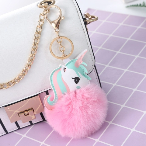 Unicorn Pom Pom Keychain Fluffy Faux Fur PU Leather Cute Animal Bag Pendant Charm For Women Girls