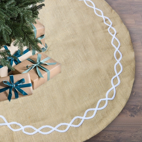 Weihnachtsbaumdecke Jute Mit Weißer Spitze Rustikale Feiertagsdekoration Runde Bodenmatte