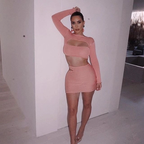 Outfit Gonna Donna Crop Top Maniche Lunghe E Minigonna Con Intagli Maglia A Coste Rosa Sexy Streetwear Abbigliamento Party