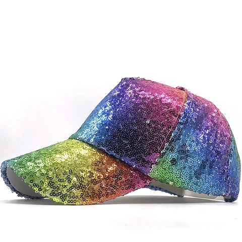 Rainbow Sequin Baseball Cap Shiny Gradient Adjustable Snapback Sun Hat For Party Streetwear Women