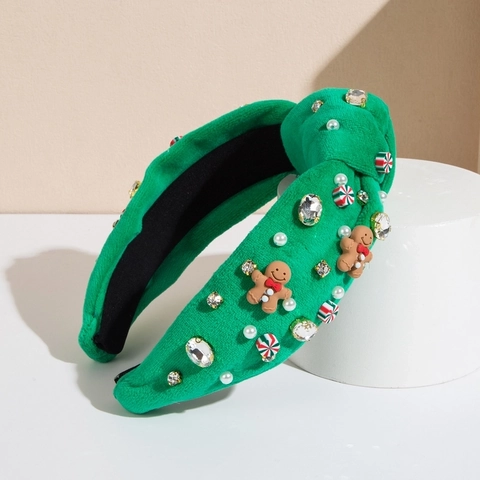 Christmas Gingerbread Man Candy Rhinestone Velvet Headband For Women Padded Peppermint Festive Holiday Hair Band Accessory