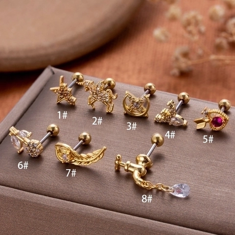 Cubic Zirconia Cartilage Stud Earrings Stainless Steel Screw Back Helix Piercing Faucet Star Heart Shapes For Women