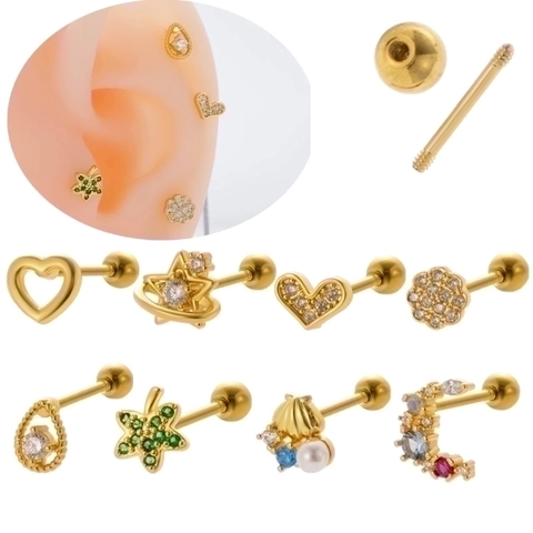 Stainless Steel Heart Star Stud Earrings With Cubic Zirconia Screw Back Helix Cartilage Piercing Jewelry For Women