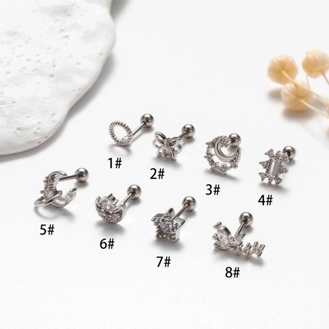 Stainless Steel Zircon Cartilage Stud Earrings Moon Star Butterfly Fashion Trendy Screw Back Ball Piercing Jewelry Women