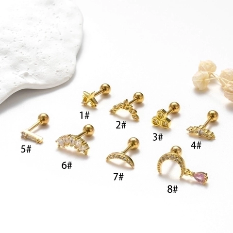 Stainless Steel Cartilage Stud Earring With Zircon Heart Moon Shape Threaded Ball Back Fashion Piercing Jewelry Women