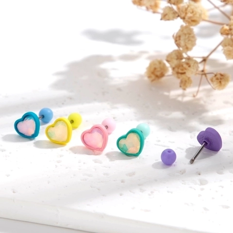 Orecchini a Bottone a Cuore in Acciaio Inossidabile Con Zirconia Colorata Intarsiata Gioielli per Piercing da Donna Chiusura a Vite