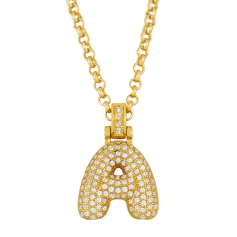 Initial Letter Pendant Necklace 18K Gold Plated Copper Pave Cubic Zirconia Bubble Alphabet Hip Hop Jewelry Women
