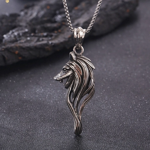 Wolf Head Pendant Necklace Stainless Steel Viking Punk Vintage Retro Hip Hop Jewelry Men
