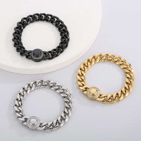 Heren Titanium Stalen Cubaanse Schakelarmband Mode Punk Geometrische Zware Metalen Sieraden Rhinestone Ronde Sluiting