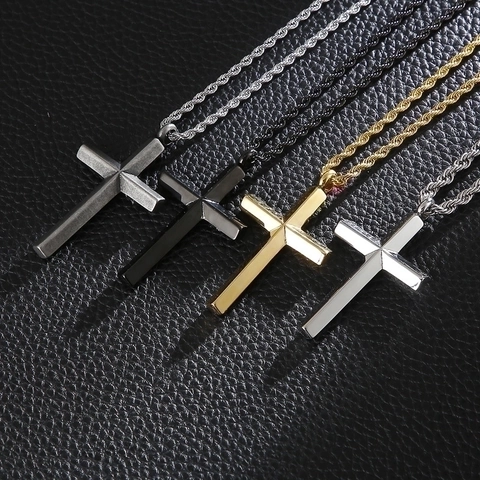 Men Stainless Steel Cross Pendant Necklace Punk Hip Hop Jewelry With Rope Chain