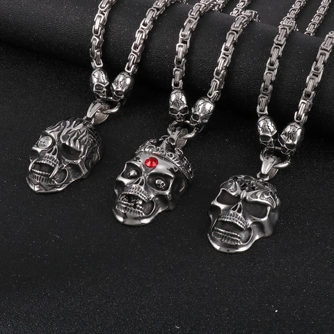 Gothic Totenkopf Anhänger Halskette Edelstahl Punk Hip Hop Königskette Herren Retro Schmuck Mit Strass