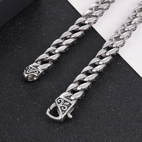 Men Cuban Link Necklace 316L Stainless Steel Engraved Scroll Pattern Punk Hip Hop Jewelry