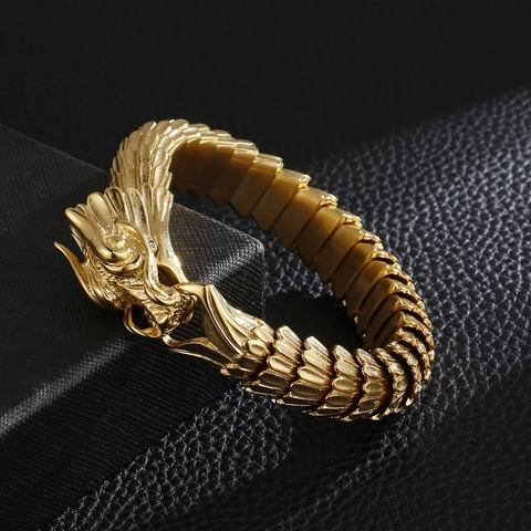 Pulsera De Cabeza De Dragón Para Hombre Acero Inoxidable Retro Patrón De Escamas Cadena Punk Hip Hop Joyería Oriental
