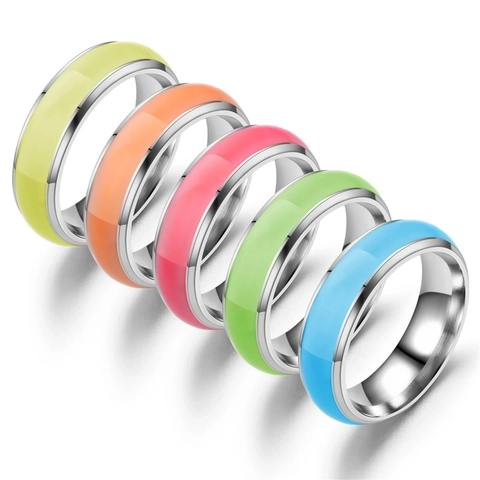 Luminous Glow In The Dark Ring Stainless Steel Band Fluorescent Colorful Enamel Jewelry Minimalism Unisex Fashion Band