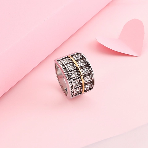 Wide Band Ring 304 Stainless Steel Two Tone Silver Gold Color Square Cubic Zirconia Inlaid Retro Unisex Fashion Jewelry