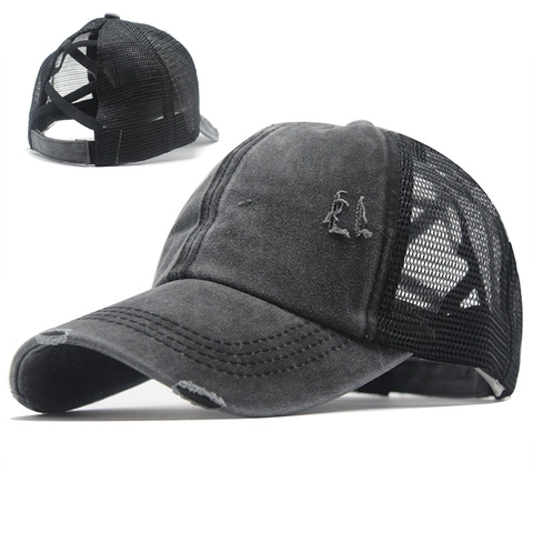 Paardenstaart Baseballpet Distressed Gewassen Katoen Mesh Ademend Hoge Knot Kruis Elastische Band Zonnekap Voor Dames Outdoor