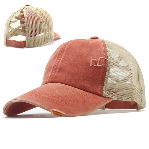 Paardenstaart Baseballpet Distressed Gewassen Katoen Mesh Ademend Hoge Knot Kruis Elastische Band Zonnekap Voor Dames Outdoor