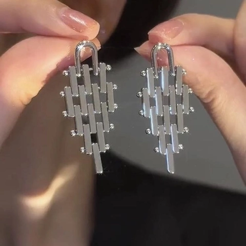 Orecchini Geometrici Moderni a Trapezio con Frange per Donna Gioielli in Rame con Perno in Argento Orecchini a Pendolo Minimalisti Argento