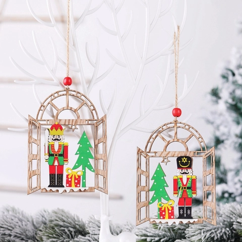 Wooden Christmas Nutcracker Soldier Window Frame Pendant Ornament Painted Rustic Tree Hanging Decoration